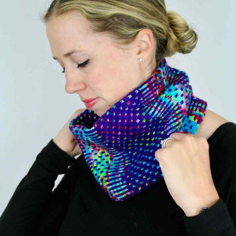 Waveform Cowl - a new purple and rainbow cowl pattern being released February 1.