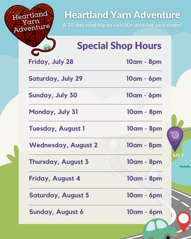 Road trip themed design with heart shaped logo and store hours for July 28-August 6.