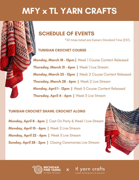 Full schedule of events for Tunisian crochet experience with Toni Lipsey.