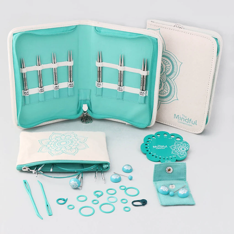 The Knitter's Pride Mindful Collection's 5" Interchangeable Lace Needle Kindness Set brings together 7 of the most popular sizes, along with 4 smart cords and accessories. The assortment comes in a handy fabric case with a detachable multi-use pouch.