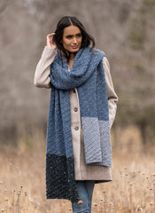 Oversized color block wrap in shades of blue.