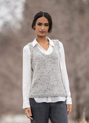 Light gray vest with v-neck and tweed texture.