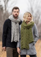 Unisex scarves in green and gray with texture and cables.