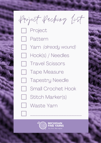 Purple knit background with a project packing list.