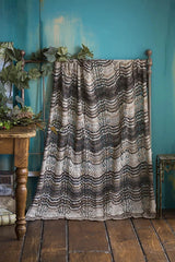 Knit blanket with chevron and lace pattern in neutral colors.