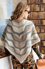 Triangular knit shawl with waves of neutral taupes and grays.
