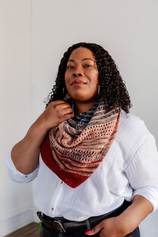 Toni wearing the Olivia Shawl.