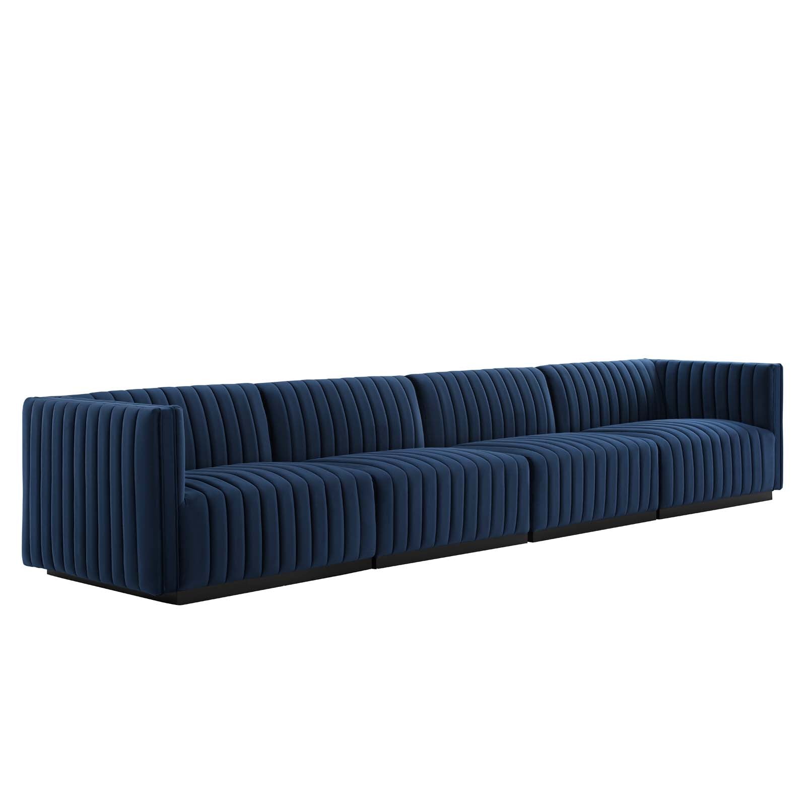 Modway's EEI-5767 Conjure Channel Tufted 4-Piece Performance Velvet Sofa in Black and Midnight Blue