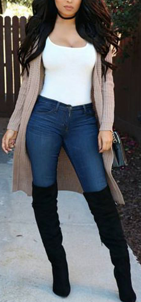 thigh high boots with jeans outfit
