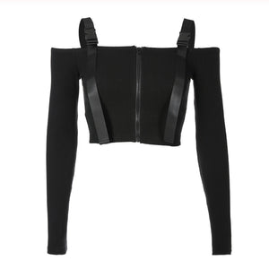 Kim Possible Buckle Strap Off the Shoulder Long Sleeve Crop Top Ribbed ...