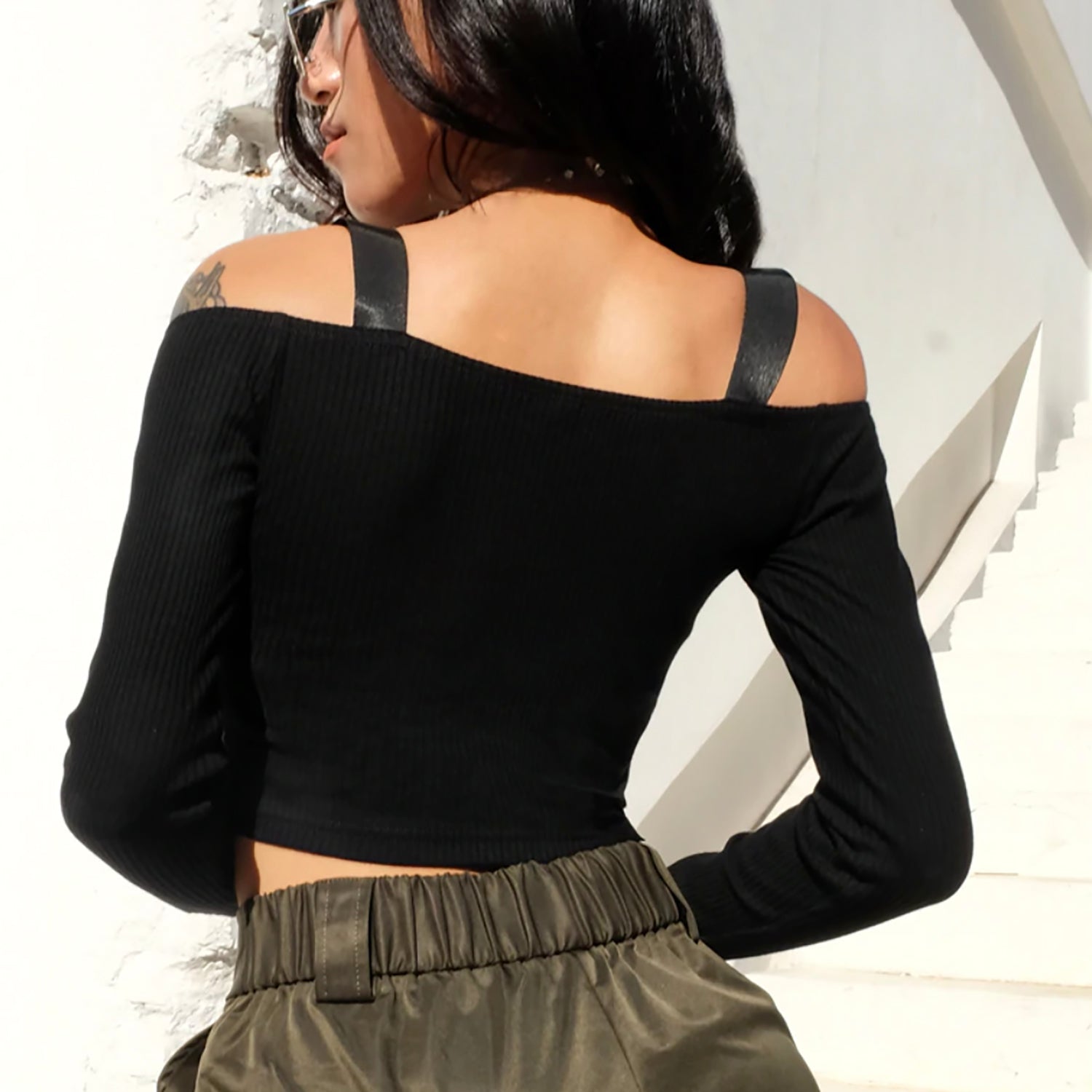 Kim Possible Buckle Strap Off the Shoulder Long Sleeve Crop Top Ribbed ...