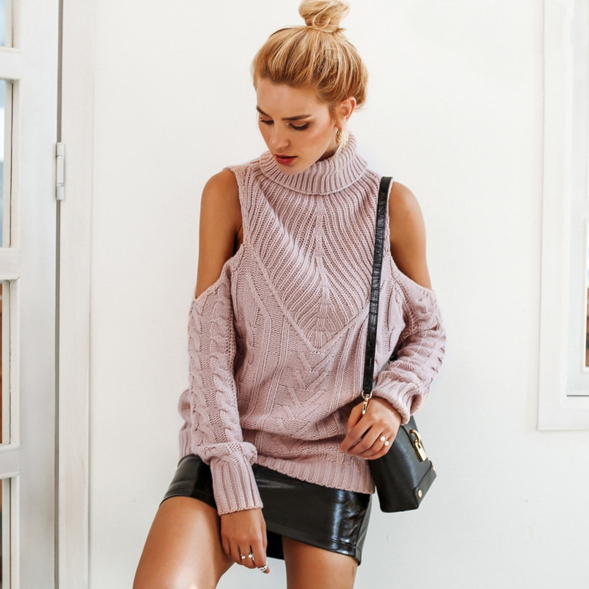 Arabella Cable Knitted Turtle Neck Cold Shoulder Oversize Sweater ...