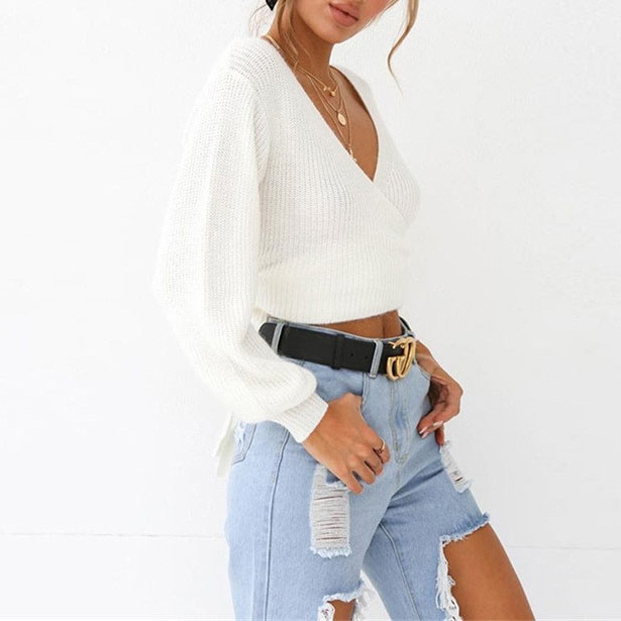 Maria Crop Top Wrap Long Sleeve White Sweater Top – Glamanti Beauty