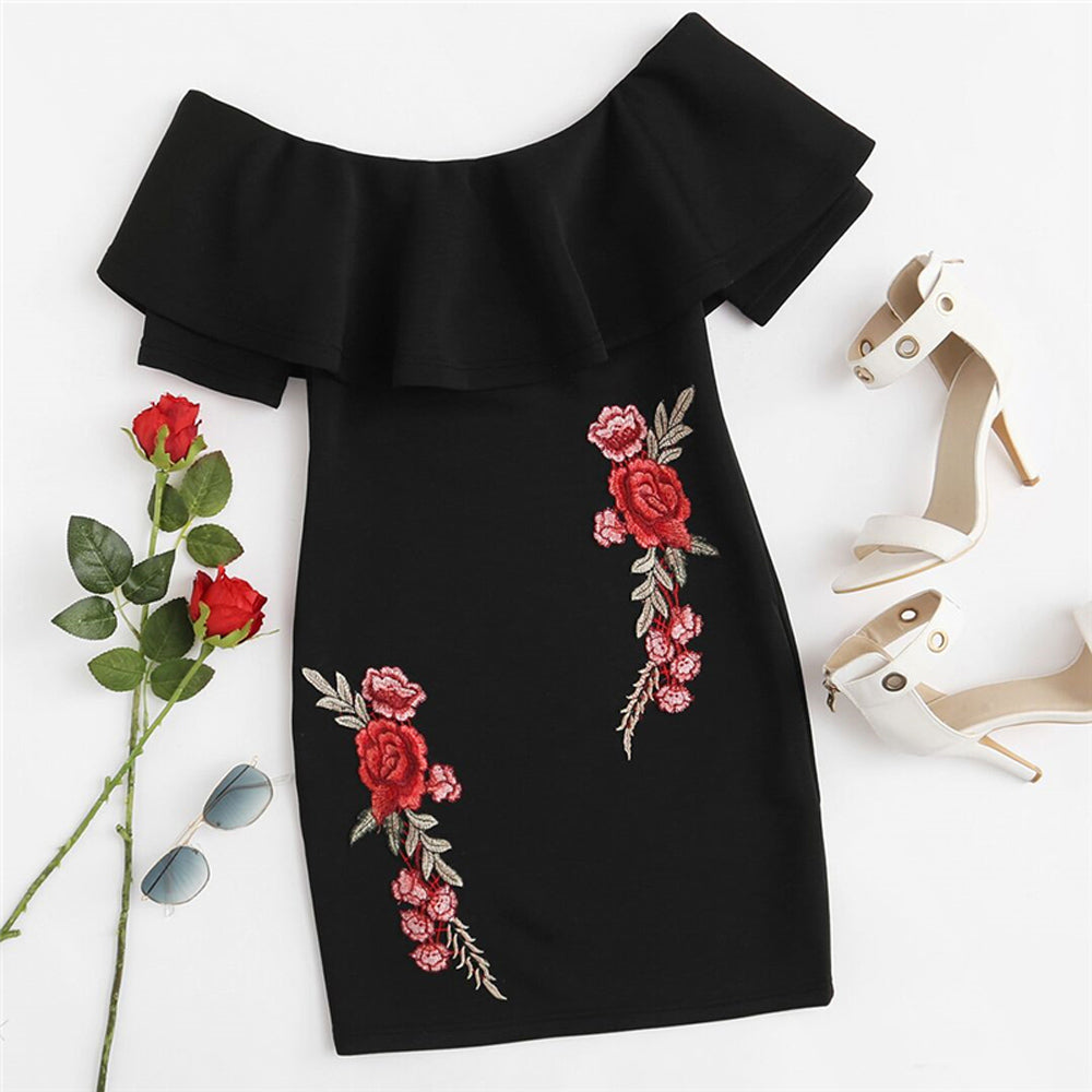 Roselina Rose Embroidery Off the Shoulder Ruffle Mini Dress – Glamanti ...