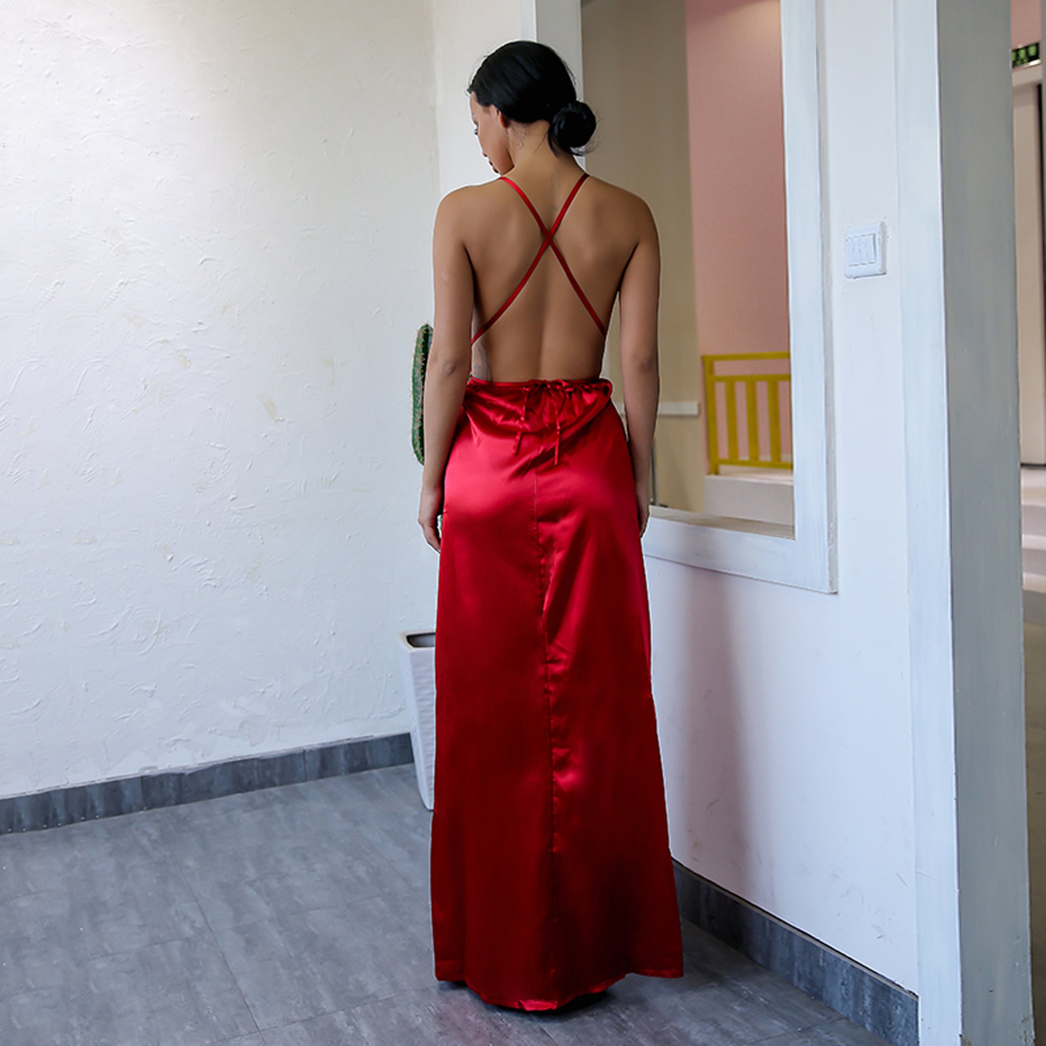 red silk backless dress