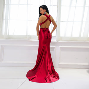 red silk backless dress