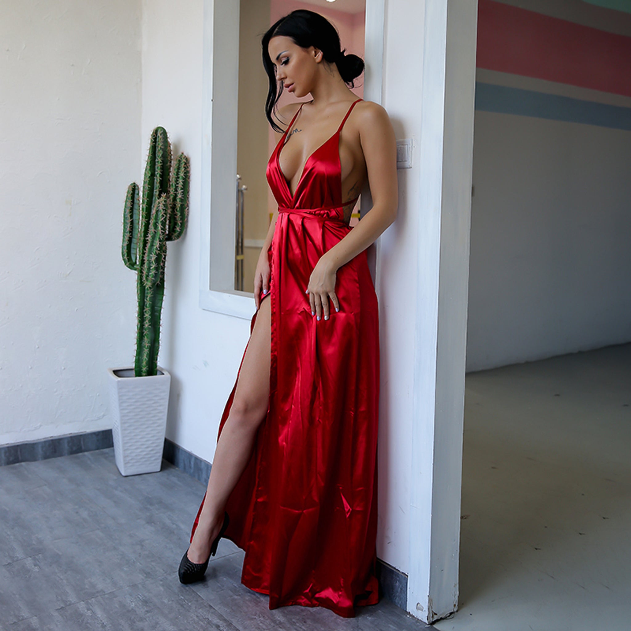 long red silky dress