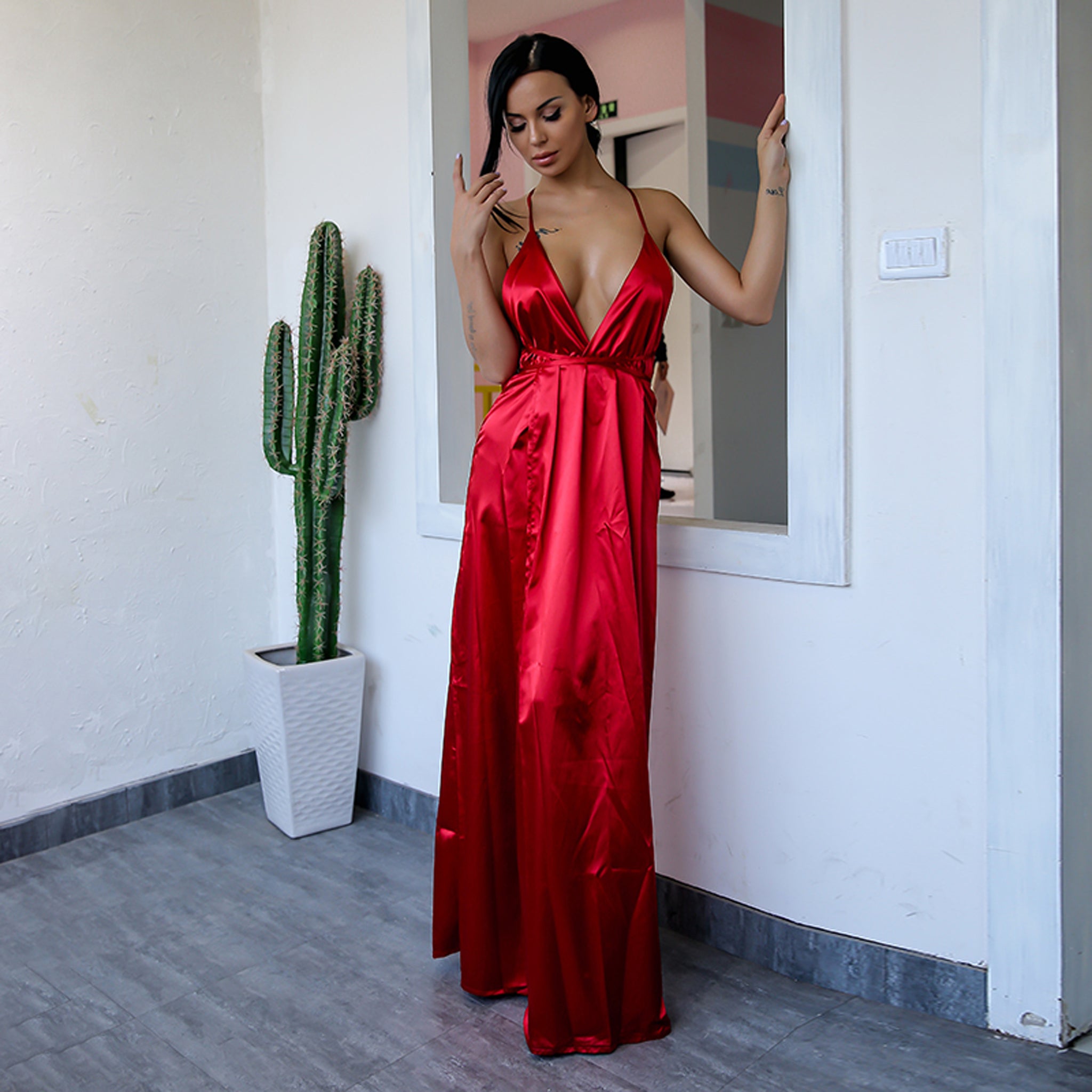 strappy satin maxi dress