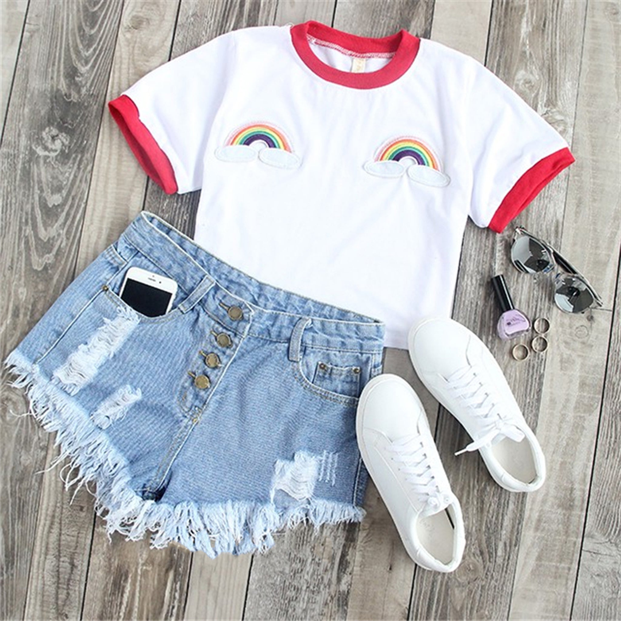 Daydream Rainbow & Clouds Embroidery Red Ribbed T-Shirt Crop Top in ...