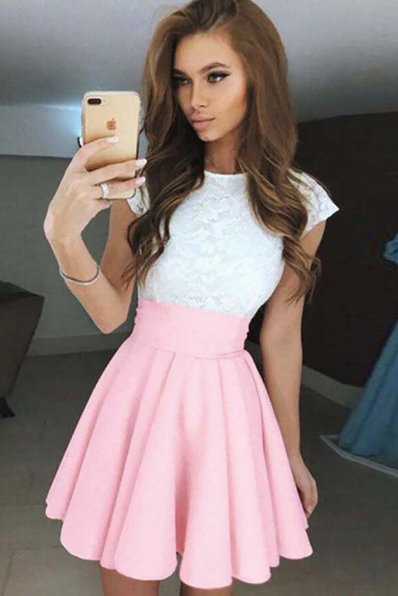 Mia Cute Lace Top High Waisted Skater Skirt Mini Dress – Glamanti Beauty