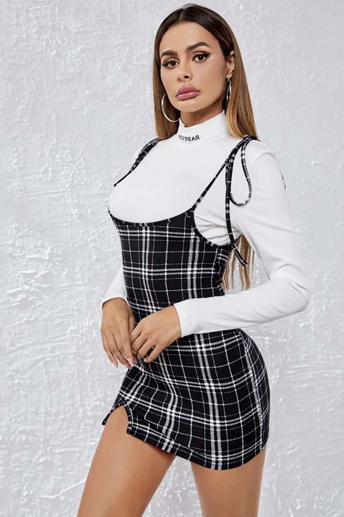 Audrey Trendy Popular Black and White Plaid Checkered Tie Up Mini Dres ...
