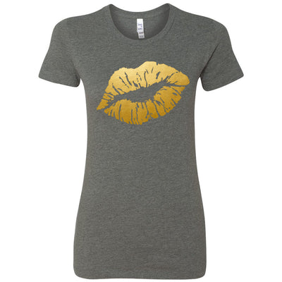 Lipstick Kiss Lips Print Gold - Bella + Canvas - Women's Short Sleeve Feminine T-shirt - 20 Colors Available Plus Size S-2XL - MADE IN THE USA