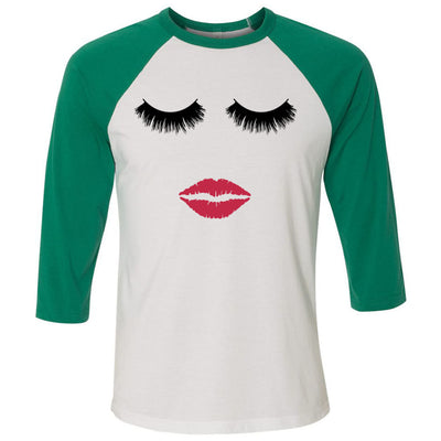 Lips & Lashes (strawberry shortcake) - Unisex Three-Quarter Sleeve Baseball T-Shirt - Bella & Canvas - 16 Colors Available Plus Size XS-2XL - MADE IN THE USA