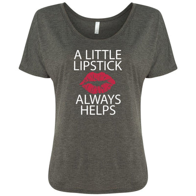 A Little Lipstick Always Helps & Lipsense 50 Shades Lip Color Swatches (Front & Back) Bella Brand Ladies Slouchy Tee Feminine Women T-shirt -  7 colors available PLUS Size S-2XL MADE IN THE USA