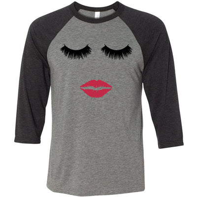 Lips & Lashes (strawberry shortcake) - Unisex Three-Quarter Sleeve Baseball T-Shirt - Bella & Canvas - 16 Colors Available Plus Size XS-2XL - MADE IN THE USA