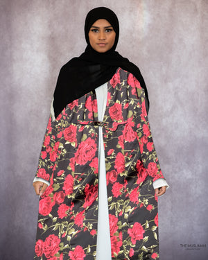 slap af skæg slim Roses on Black Satin Silky Kimono Abaya – The Muslimah Collection