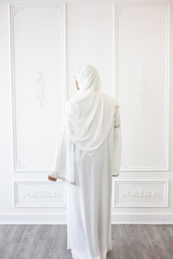 
                
                    Load image into Gallery viewer, Ice White Abaya Chiffon Layered Eid Abaya 2023
                
            
