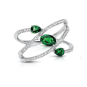 14k Gold - Gemstone Ring - Three Stones -  Diamonds & Emerald