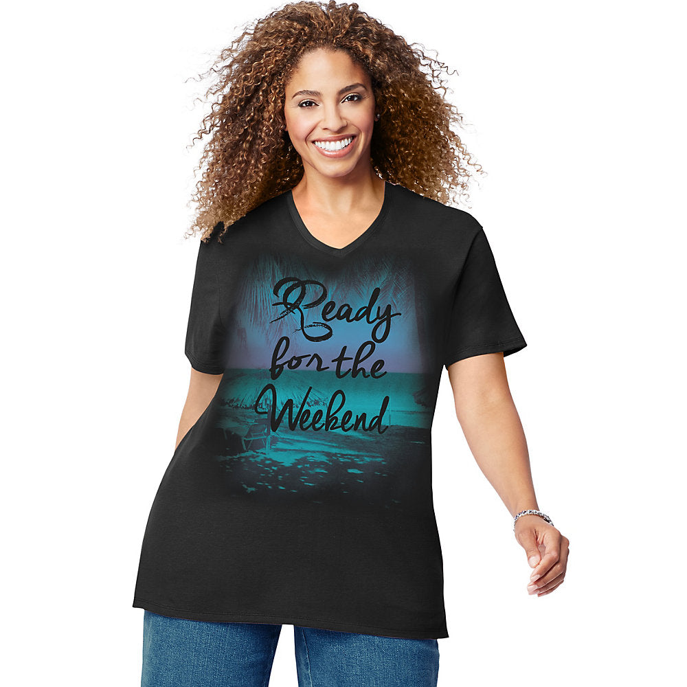 Just My Size V-Neck Women's Graphic Tee Style: J181-Ready for the Weekend/Ebony 2X