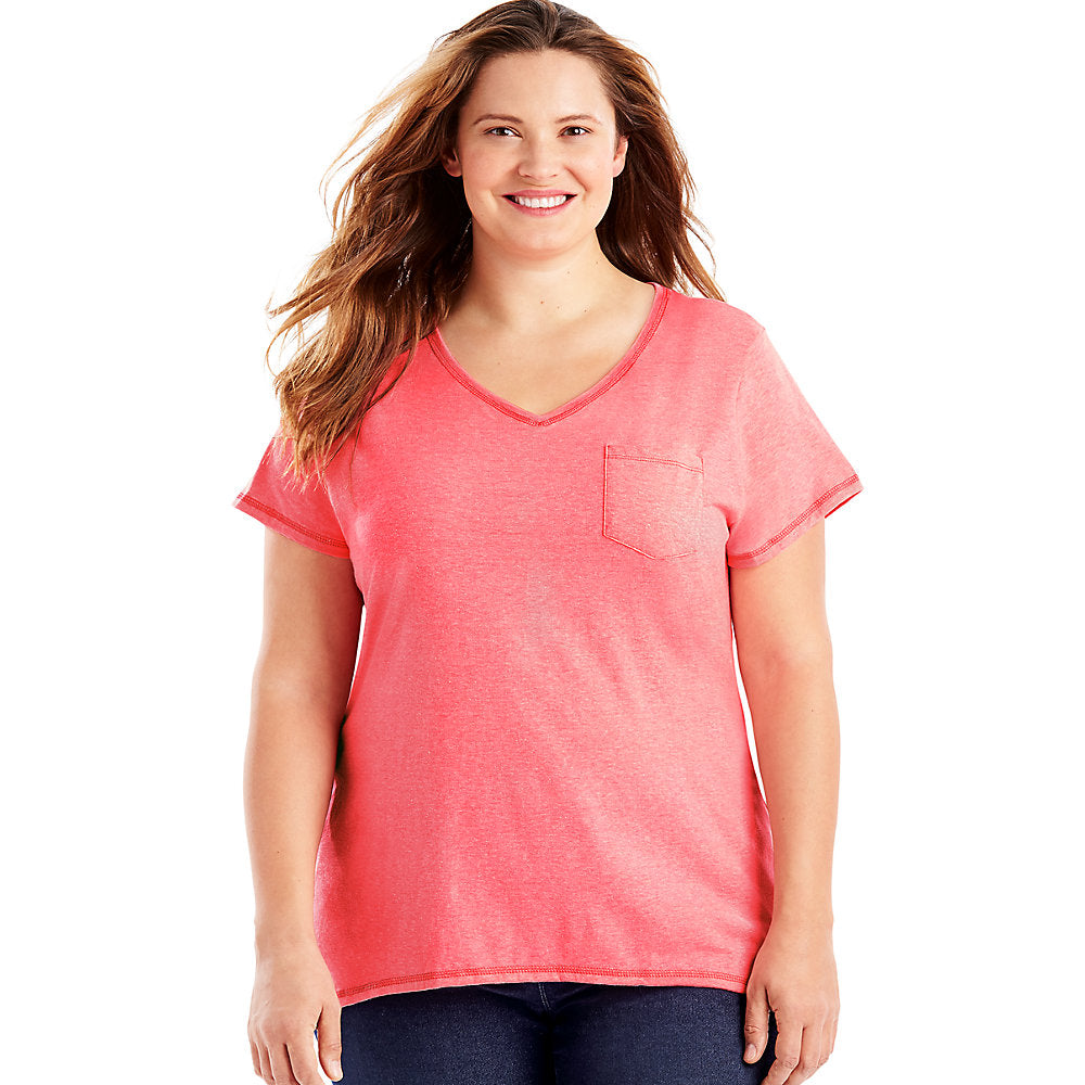 Just My Size X-Temp  Short-Sleeve V-Neck Women's Pocket Tee Style: OJ225-Neon Pinkpop Heather 1X