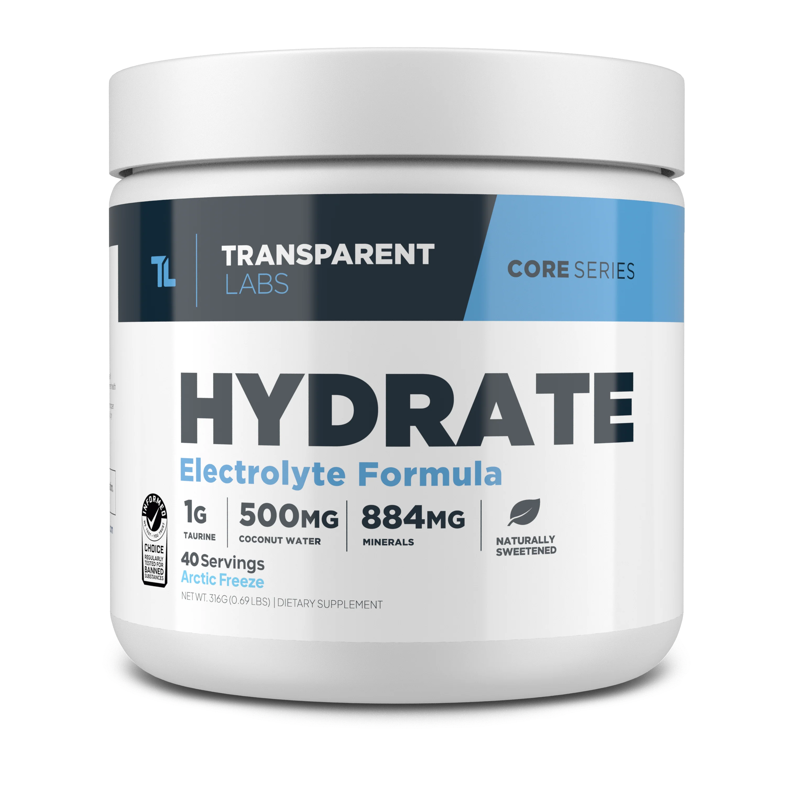 Hydrate electrolyte formula in Arctic Freeze flavor, 40srv from Transparent Labs