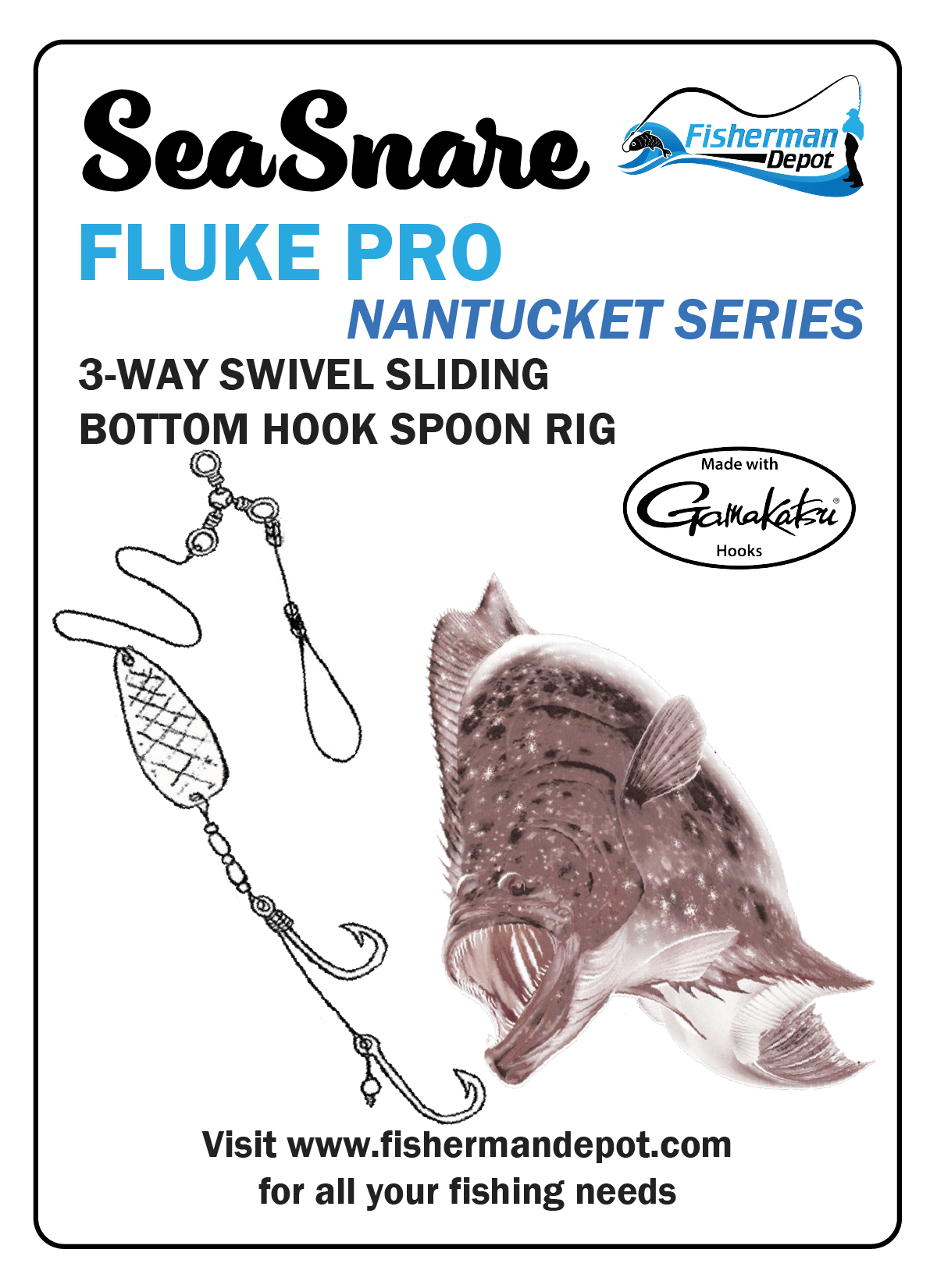 SeaSnare Fluke Pro - Original Fish Finder Sliding Bottom Hook Spoon Rig 5/0 / Glow / Chartreuse Teaser