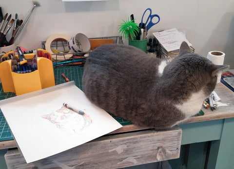 My cat Mitzi helping me sketch with my crayons