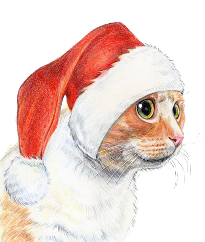 Coloured pencil drawing of a ginger cat wearing a Santa hat