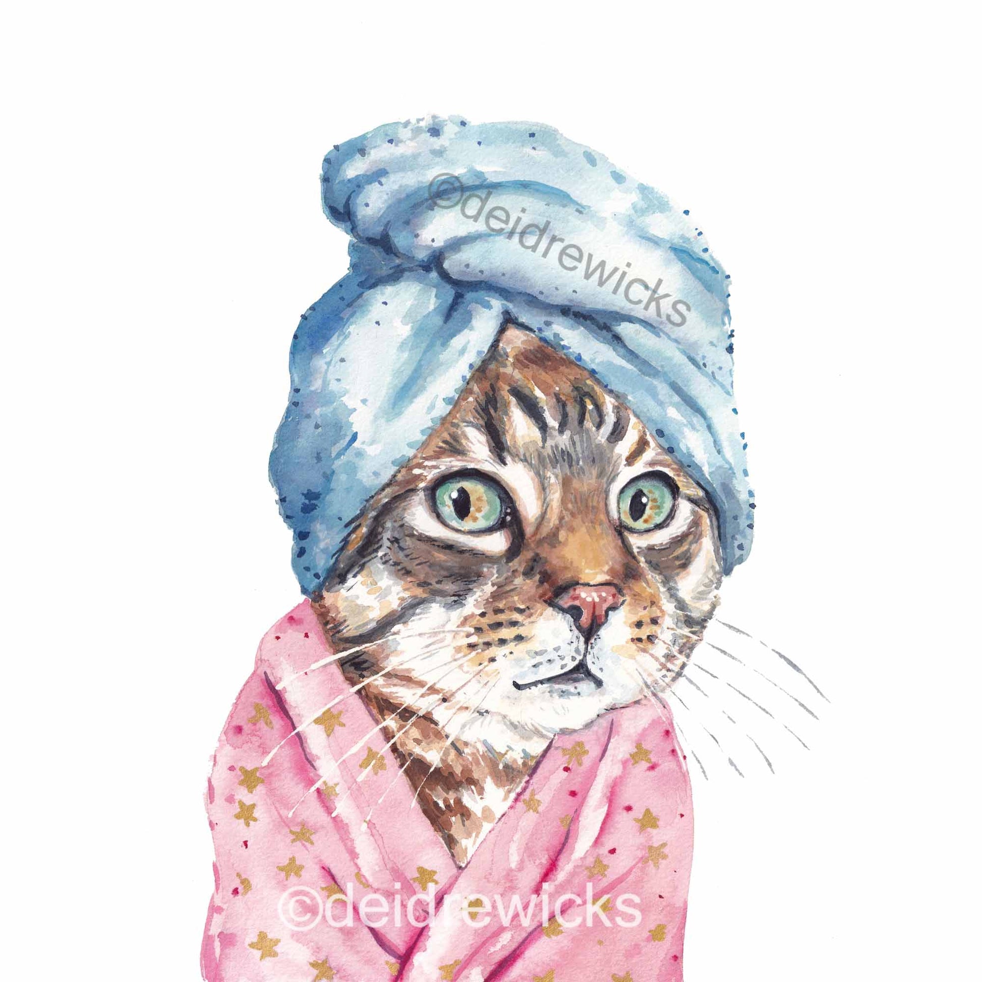 Watercolour painting of a brown tabby cat at the spa. The bath towel and bathrobe are essential spa accessories. Art by Deidre Wicks 