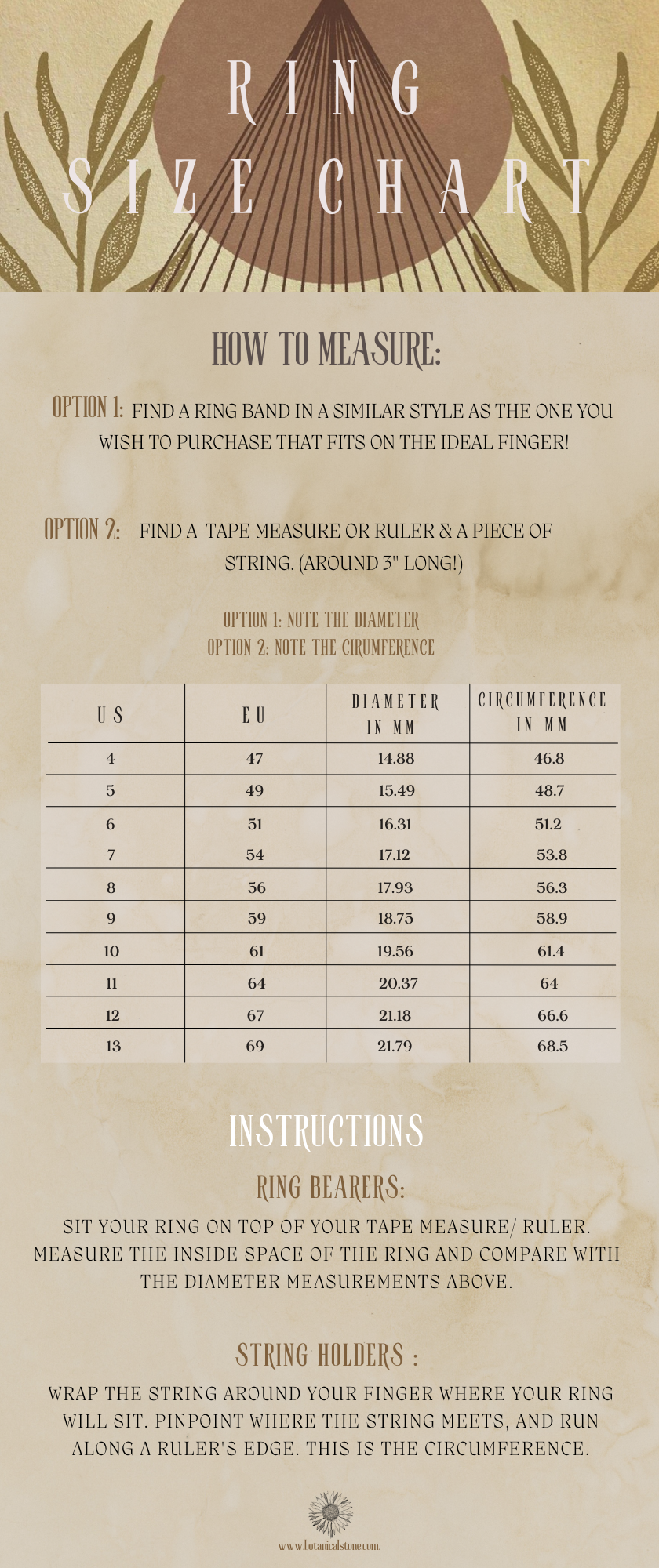 Botanical Stone Ring size chart 