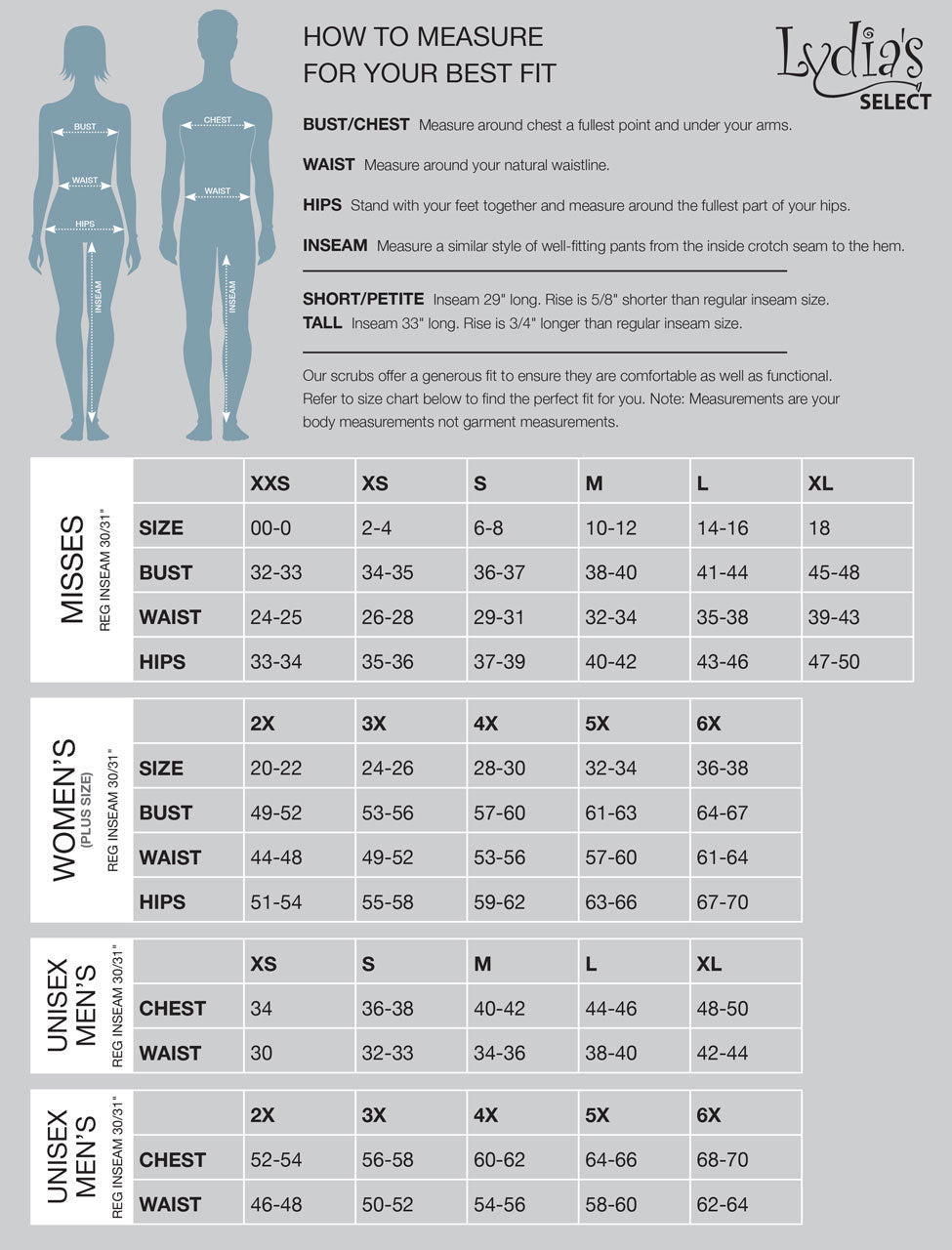 Nursing Scrubs Size Charts | Lydia's Uniforms - Lydiasuniforms