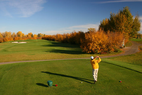 lefty golfer hitting tee shot in the fall