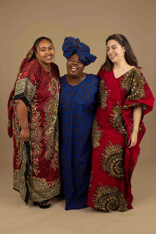 Three red and blue Floor-Length Kaftan Dresses in multiple traditional African patterns  
