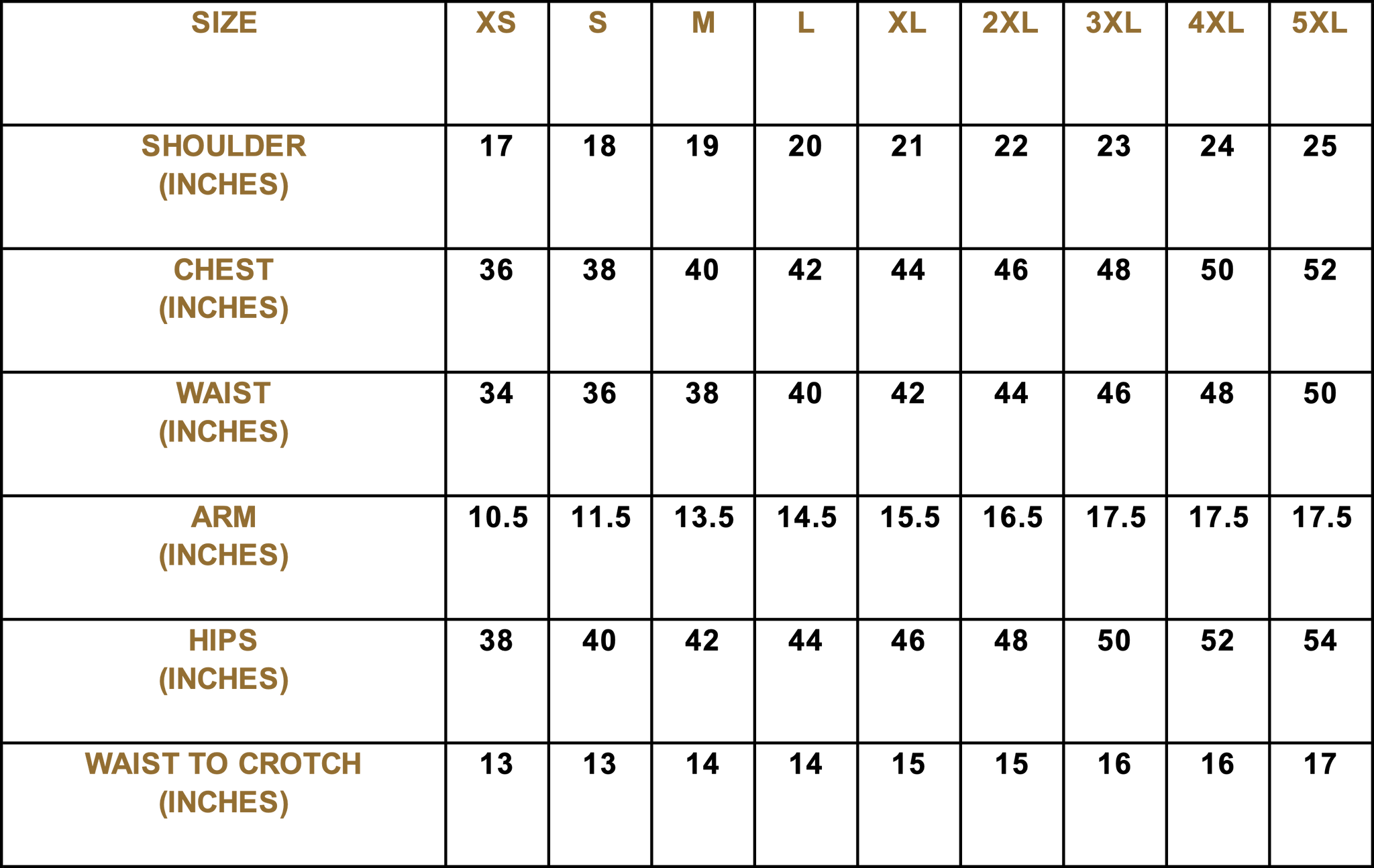 Menswear Size Chart