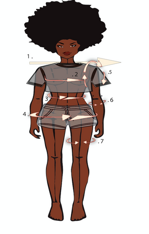 Black woman with afro wearing crop top and shorts with arrows numbered 1 to 7 around her