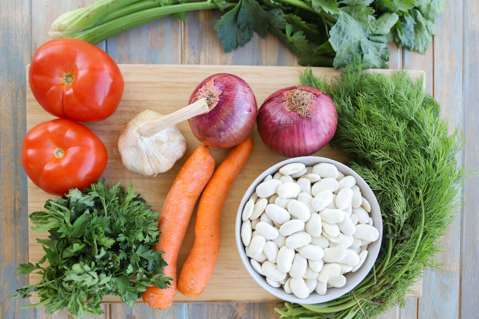 Greek tomatoes, carrots, onion, garlic, giant beans, parsley