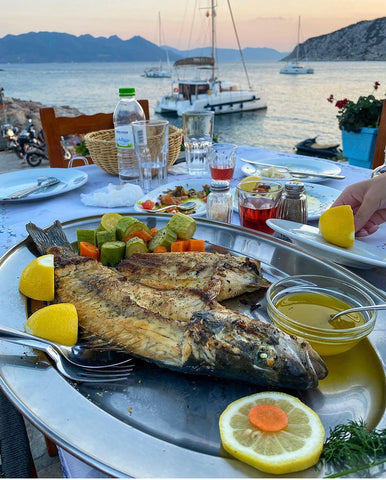 greek food, grilled fish, dining al fresco