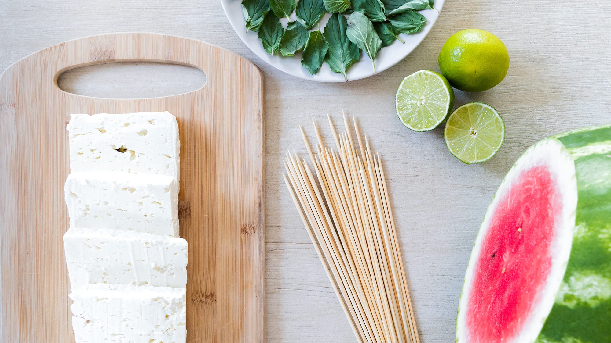 watermelon and greek feta cheese, mint and lime 