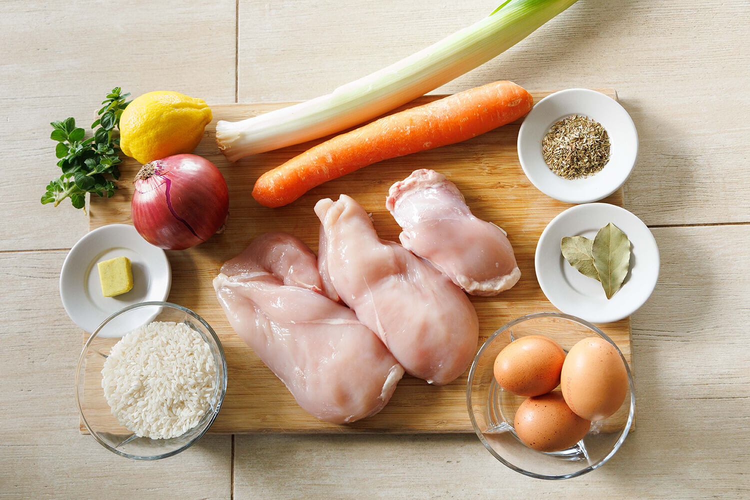 ingredients for chicken soup avgolemono, greek food