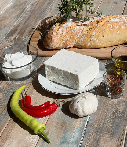 feta cheese, greek bread, yogurt, red and green peppers